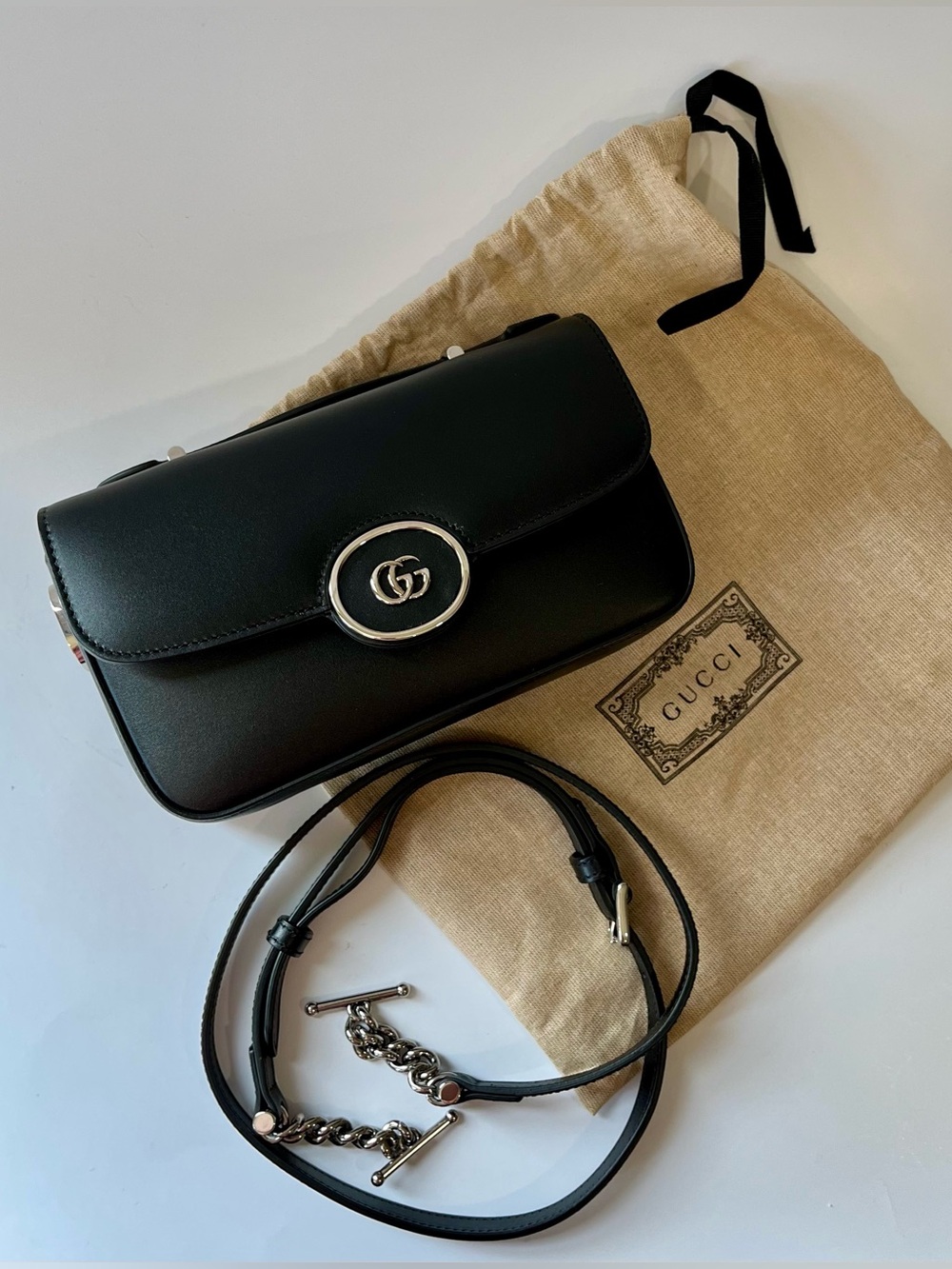 Gucci Petite Mini Black Leather Crossbody Bag with Silver GG Hardware